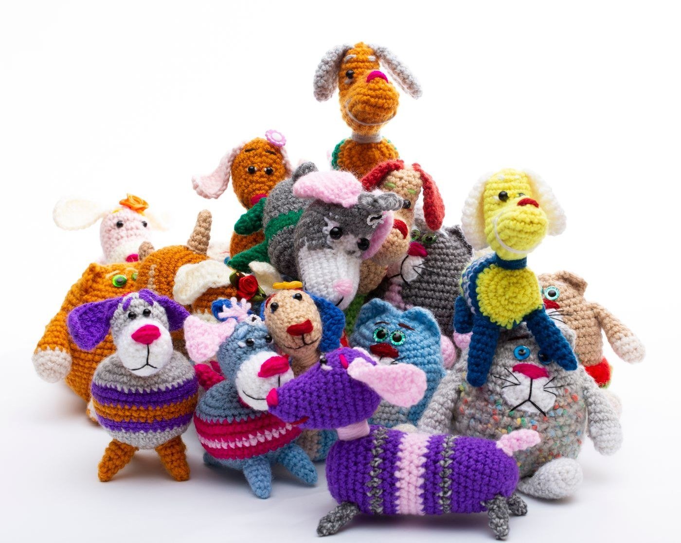 A collection of handmade crochet animal toys