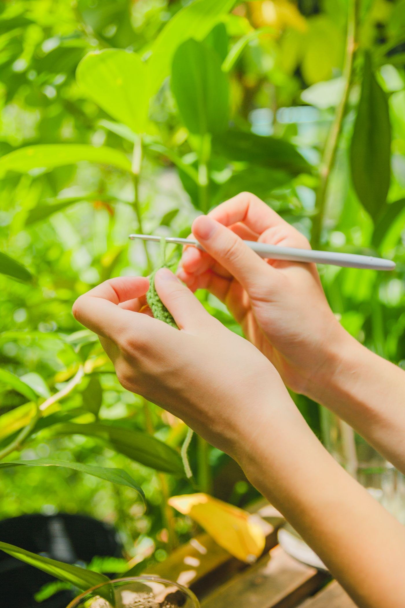Close-up of hands crocheting among green foliage